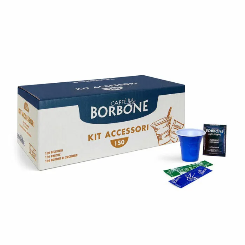 Kit de 150 pahare, palete si pliculețe de zahăr - Borbone Caffe | AromaKaffe Kit de 150 pahare, palete si pliculețe de zahăr - Borbone Caffe