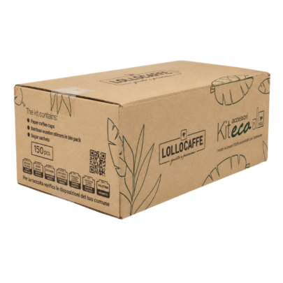 Kit LolloCaffè Eco – 150 Pahare, 150 Plicuri Zahăr și 150 Paletine din Lemn
